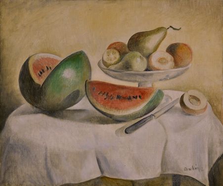 Still-life with water melon and tray
