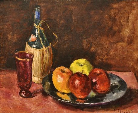 Still-life with apples and bottle of Chianti