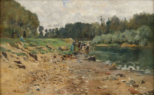 Krajina z Bretaně s řekou a pradlenami