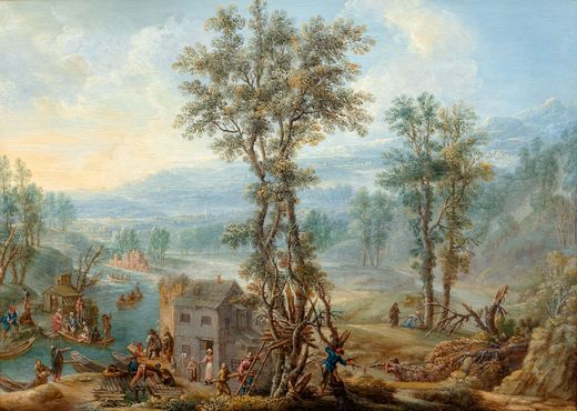 Landscape with Injured Peasant / Landscape with Ferry and Lumberjacks (pendant)