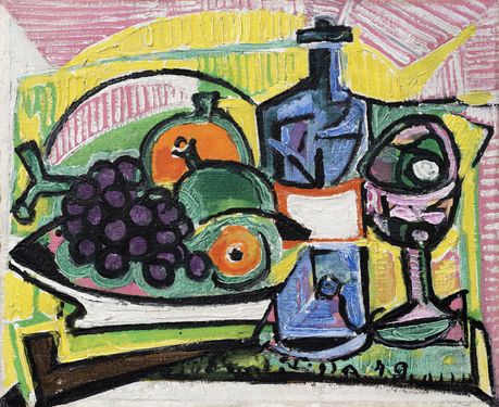 Still life with grapefruits, grapes and bottle