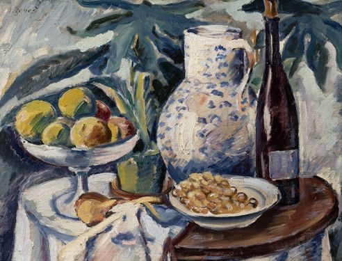 Still life with jug and bottle of wine