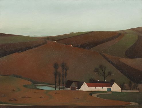 Farmhouse in brown fields