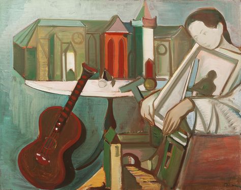 Žena s kytarou a kostelem