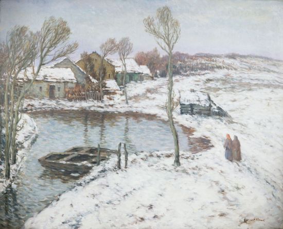 Winter Landscape with a Pond and a Cottage