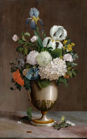 Zátiší s kyticí, housenkou a motýlem