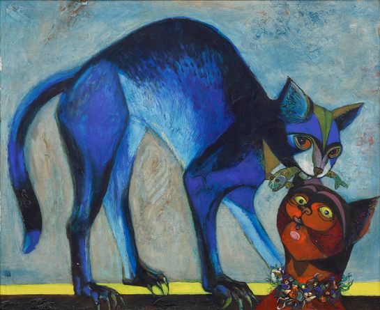 Modrá a červená kočka