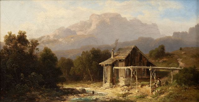 Alpská krajina s malým mlýnem